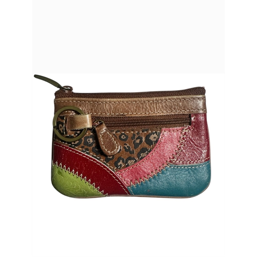 Fossil Patchwork Leather Coin Purse Card Holder Cheetah Print Zipper Key Ring